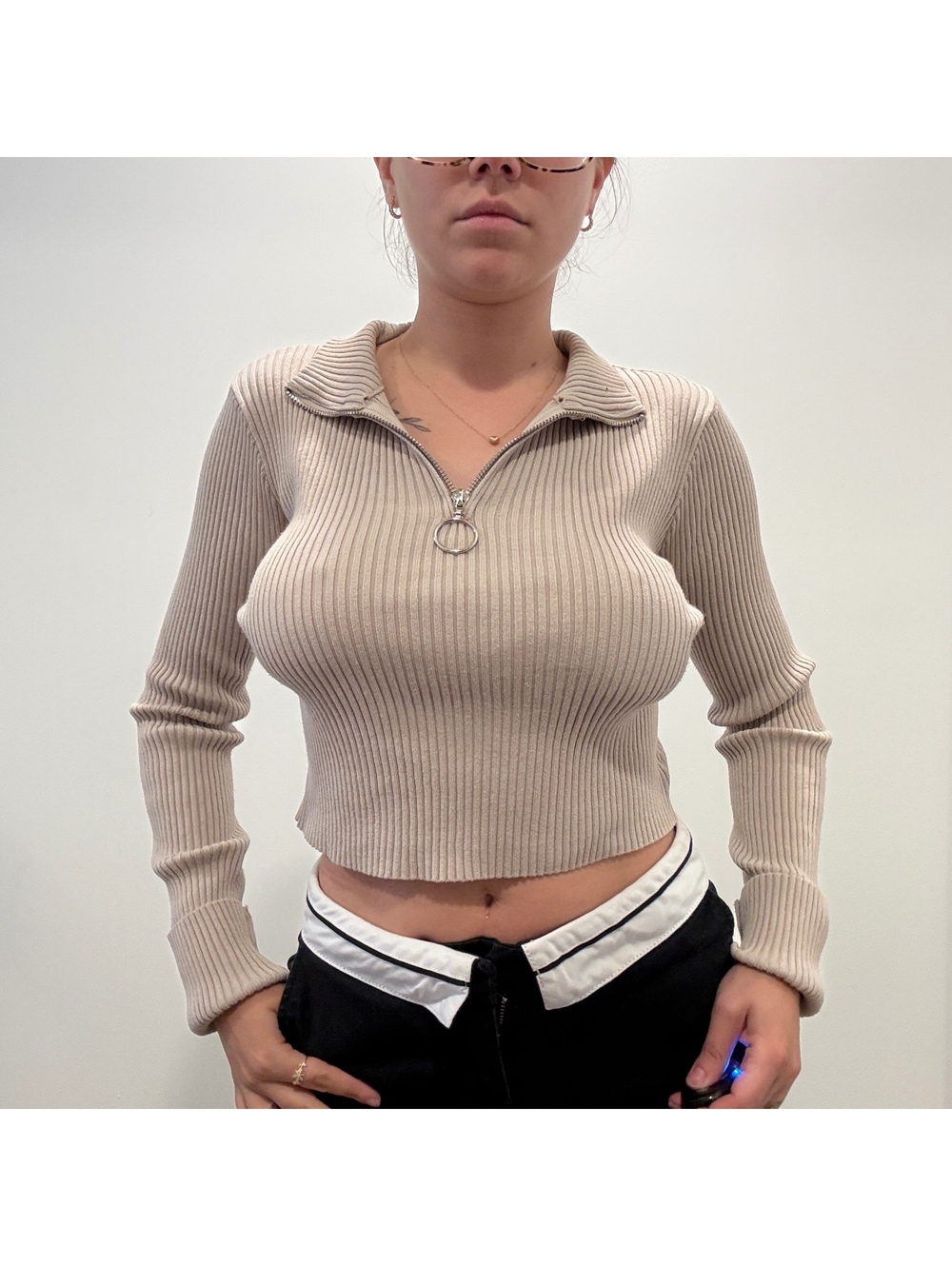 Daisy Ribbed Half Zip Cropped Sweater